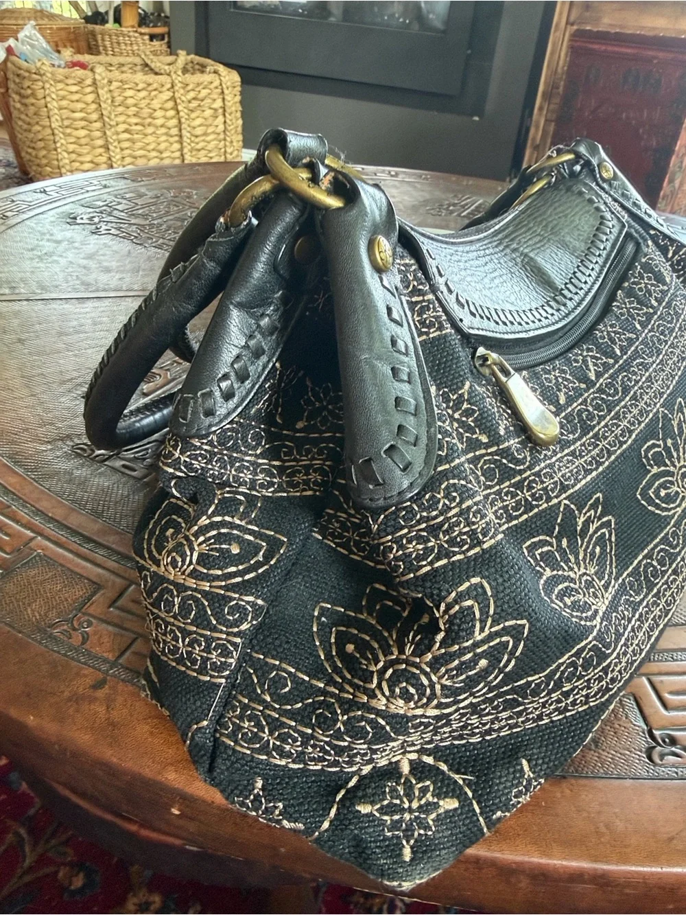 Kate Landry Black lotus flower Shoulder Bag with Gold Bamboo Accent